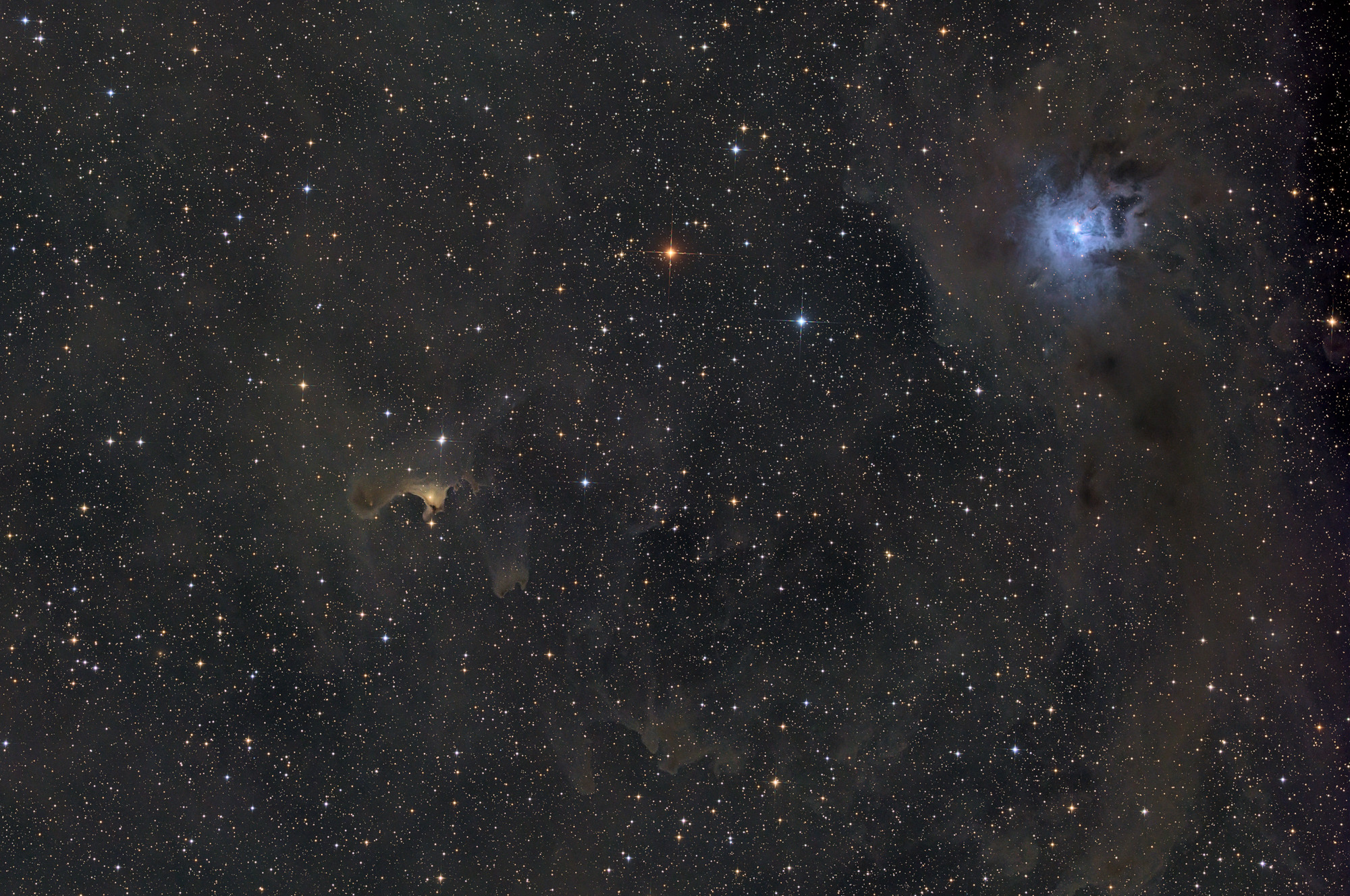 Der Geisternebel links von Sidney van den Bergh im Jahr 1966 als vdB 141 katalogisiert. Die eingebetteten Sterne erhellen den Nebel in einem bräunlichen Licht.  Der helle Irisnebel oben rechts wird von dem heißen Stern HD200775 zum Leuchten angeregt. Beide Reflexionsnebel befinden sich im Sternbild Kepheus.